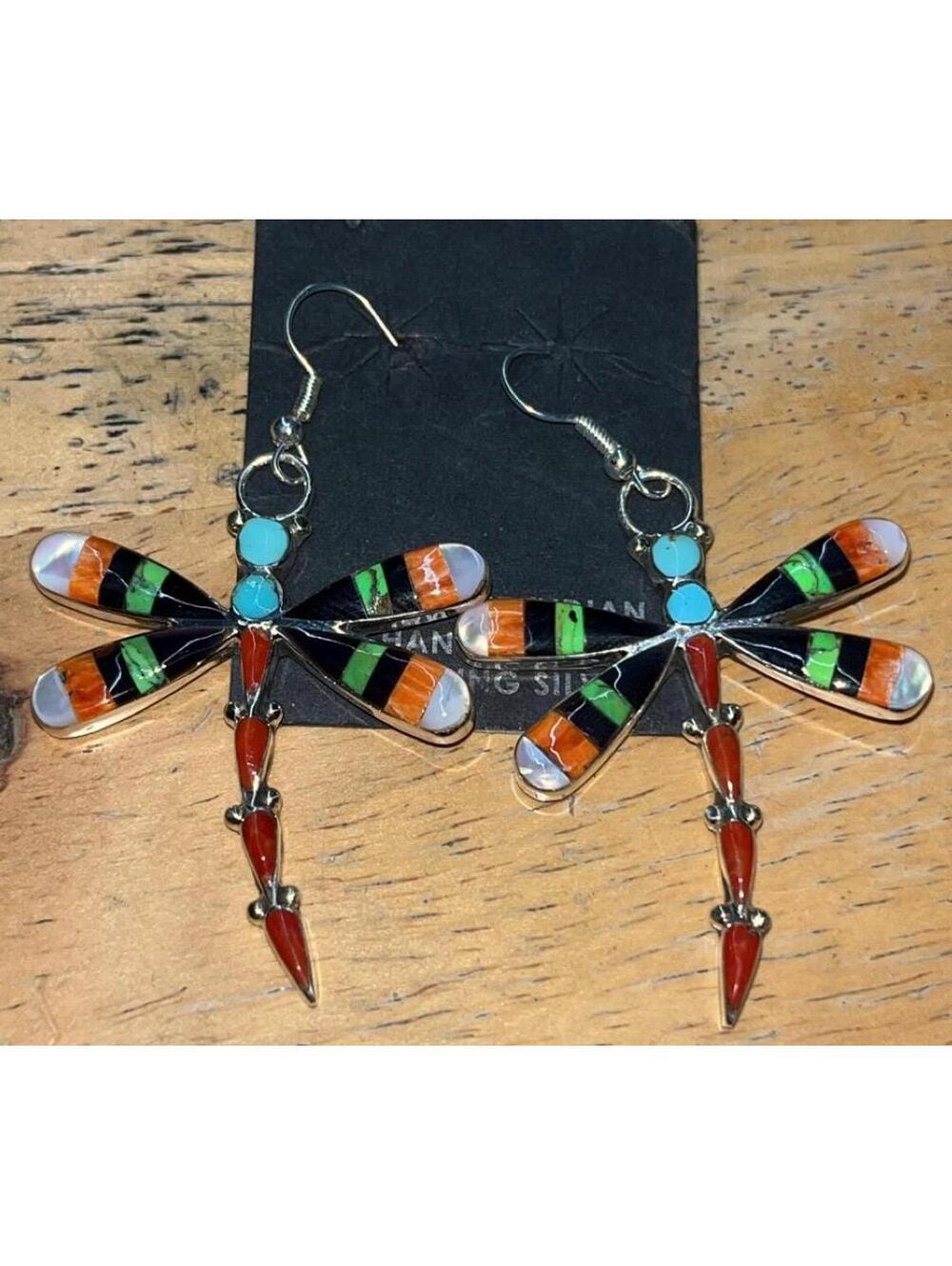 Zuni cluster turquoise spiny oyster onyx sterling silver inlay dragonfly